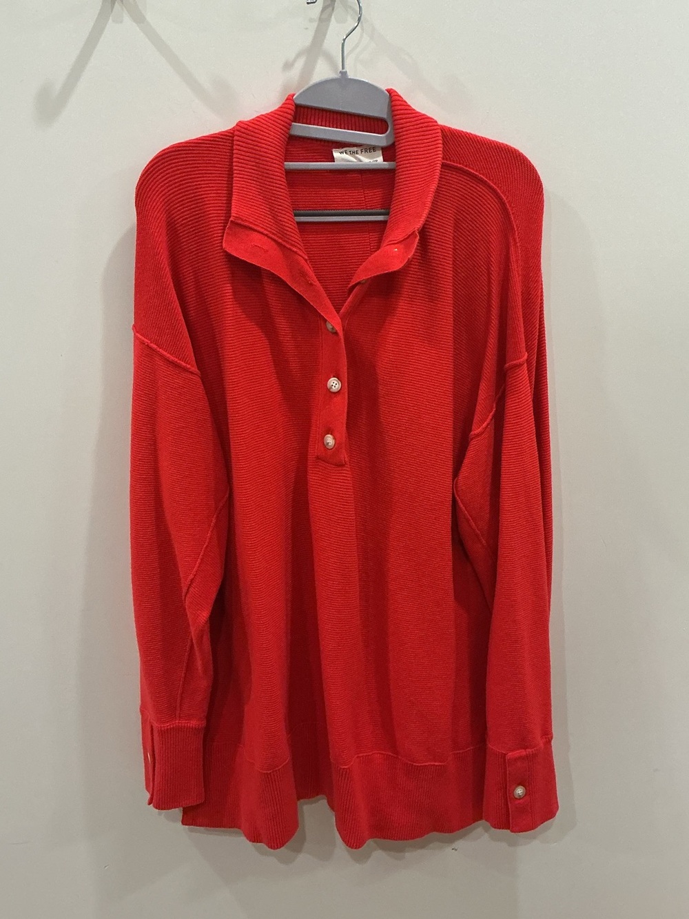 We The Free Bright Red Buttoned Polo Pullover